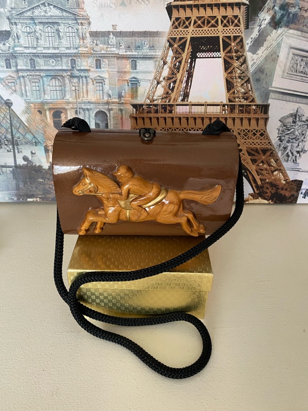 Timmy Woods Horse/Jockey Shoulder Bag/Crossbody/Purse Carved Acacia Wood Derby